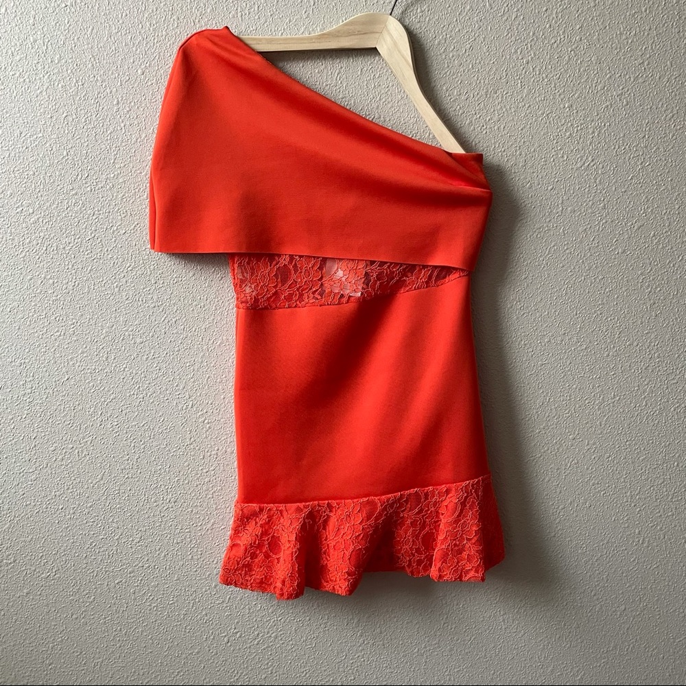 ASOS Orange One Shoulder Lace Ruffle Mini Dress